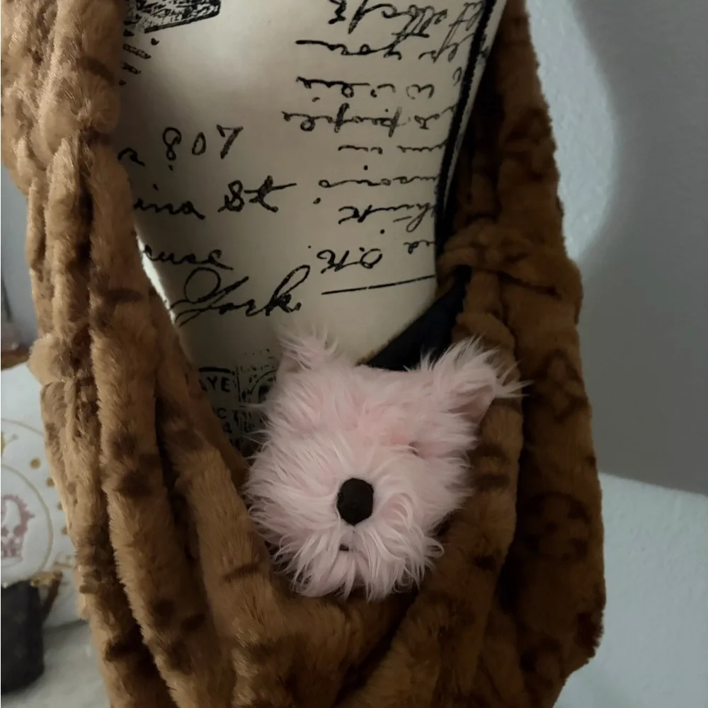Brown Faux Fur Scarf with Pink Dog Plush